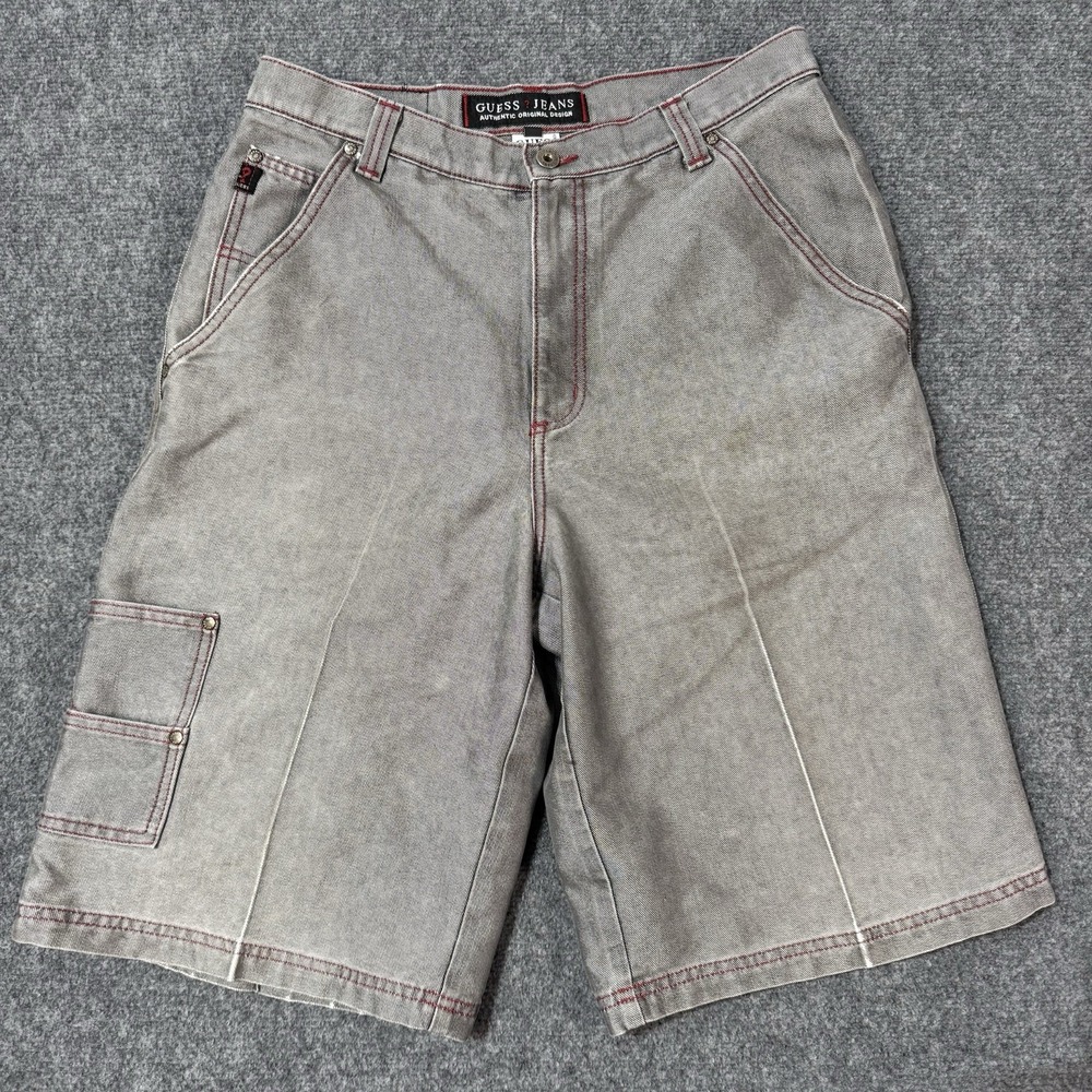 👖 Vintage Guess USA Carpenter Shorts Mens 33 Gray Red Stitch Baggy 90s Street